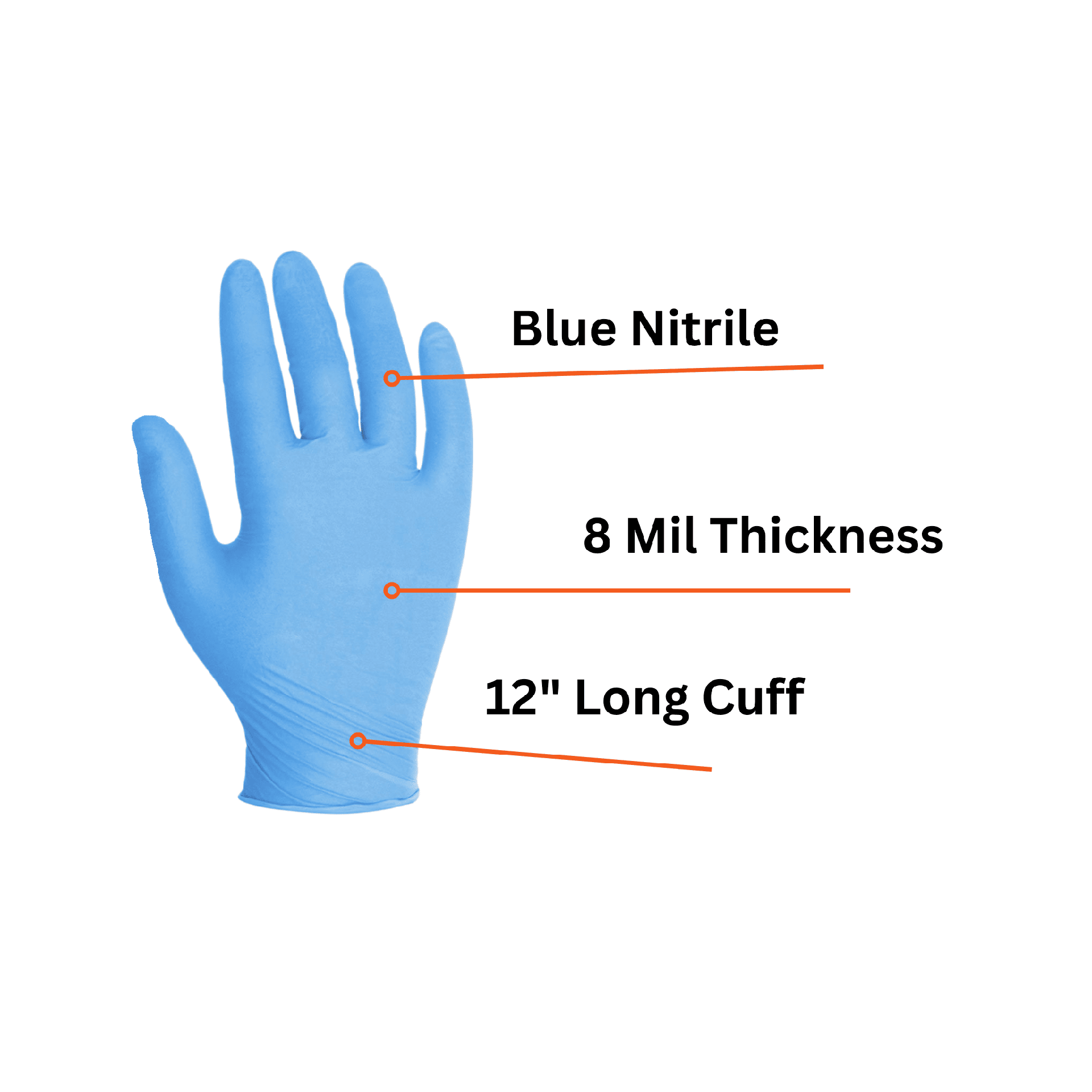 8 Mil Blue Nitrile Disposable, 12" Long Cuff (50 Gloves/Box)