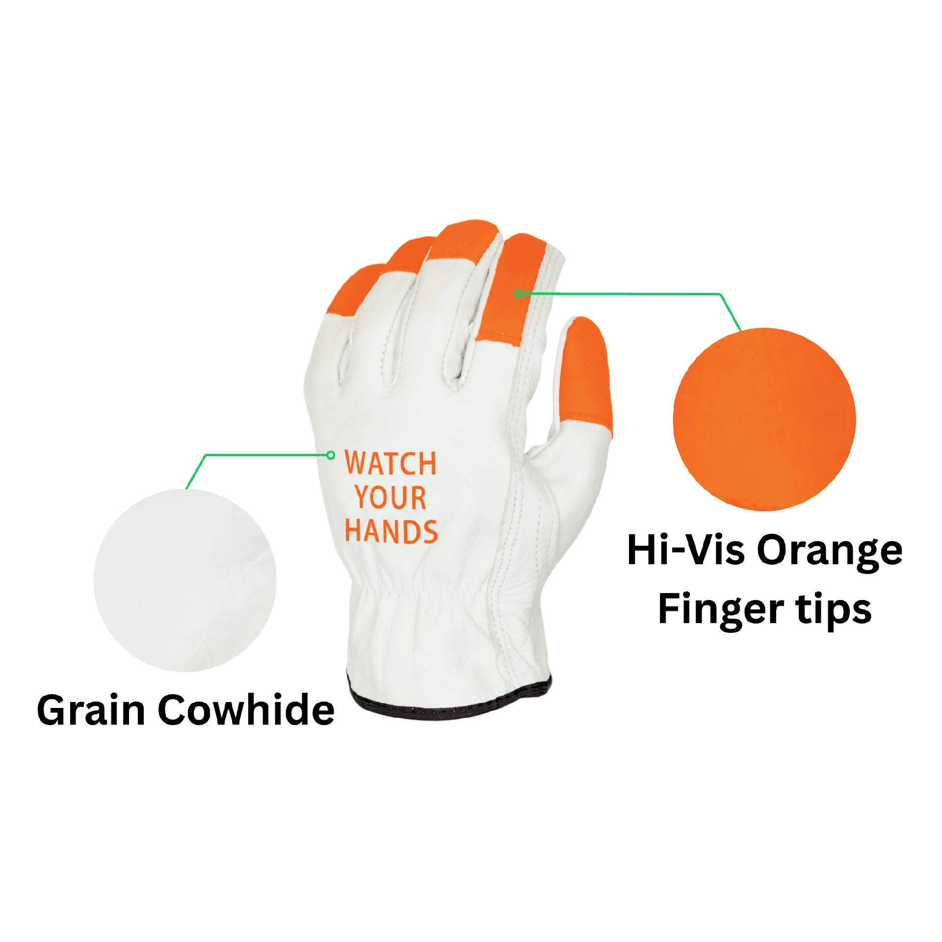 12 Pairs- Hi-Vis Cowhide Driver Glove (Watch Your Hands)