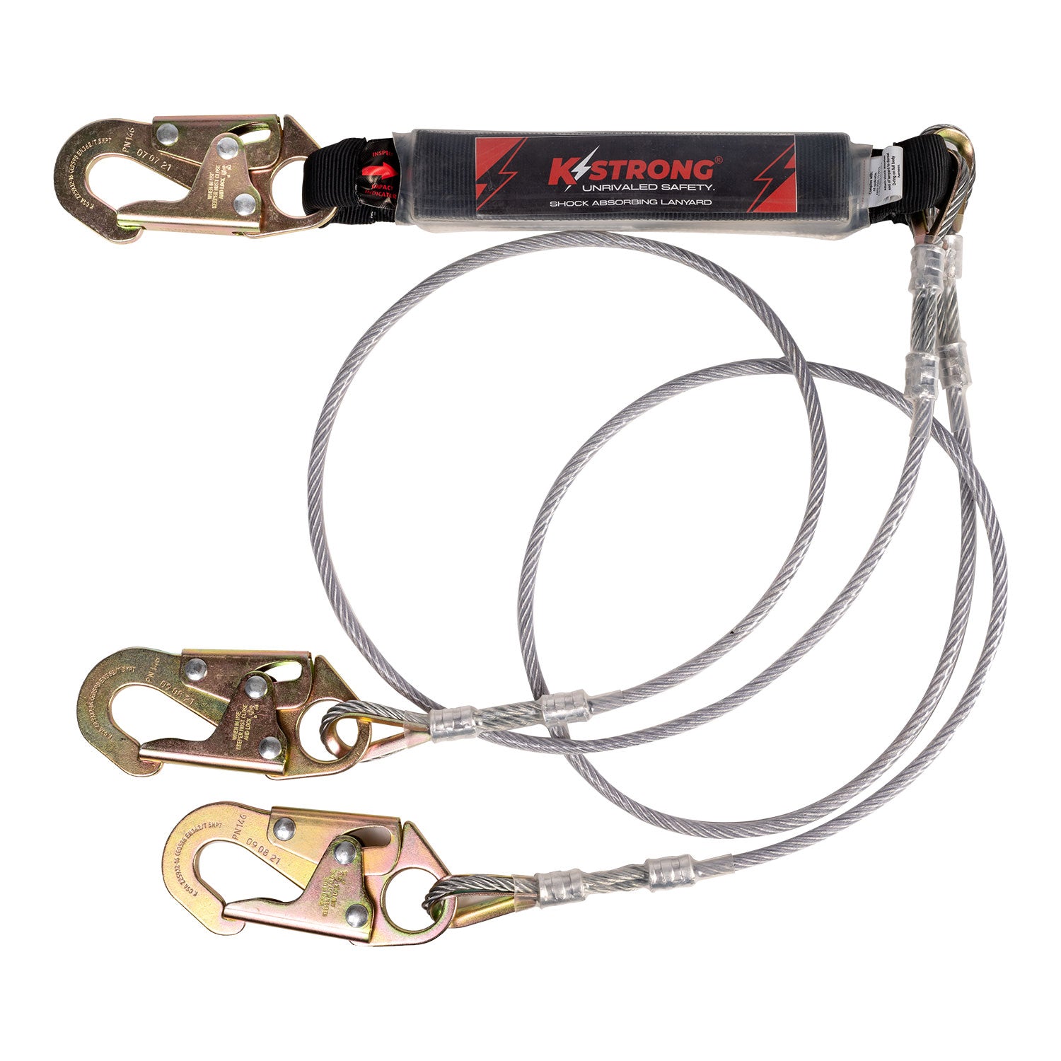 6 ft. Leading Edge (LE) Rated Twin Leg 100% Tie-off Clear Pack Design shock absorbing coated wire lanyard with Snap Hooks. (ANSI)