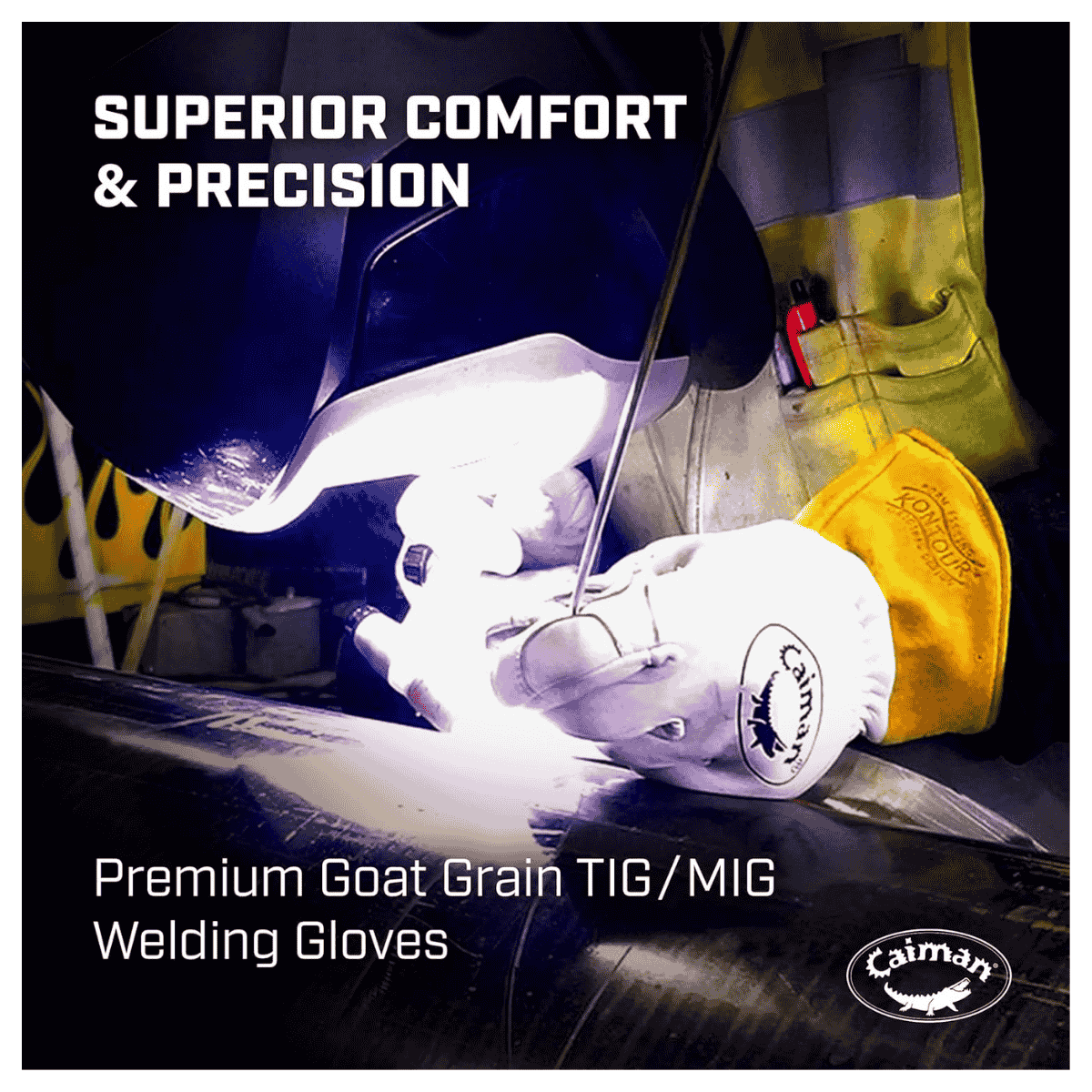 Single Pair - Caiman Premium Goat Grain TIG/MIG Welding Gloves, Wool Insulated Back, Scalloped Cuff, Boarhide Palm