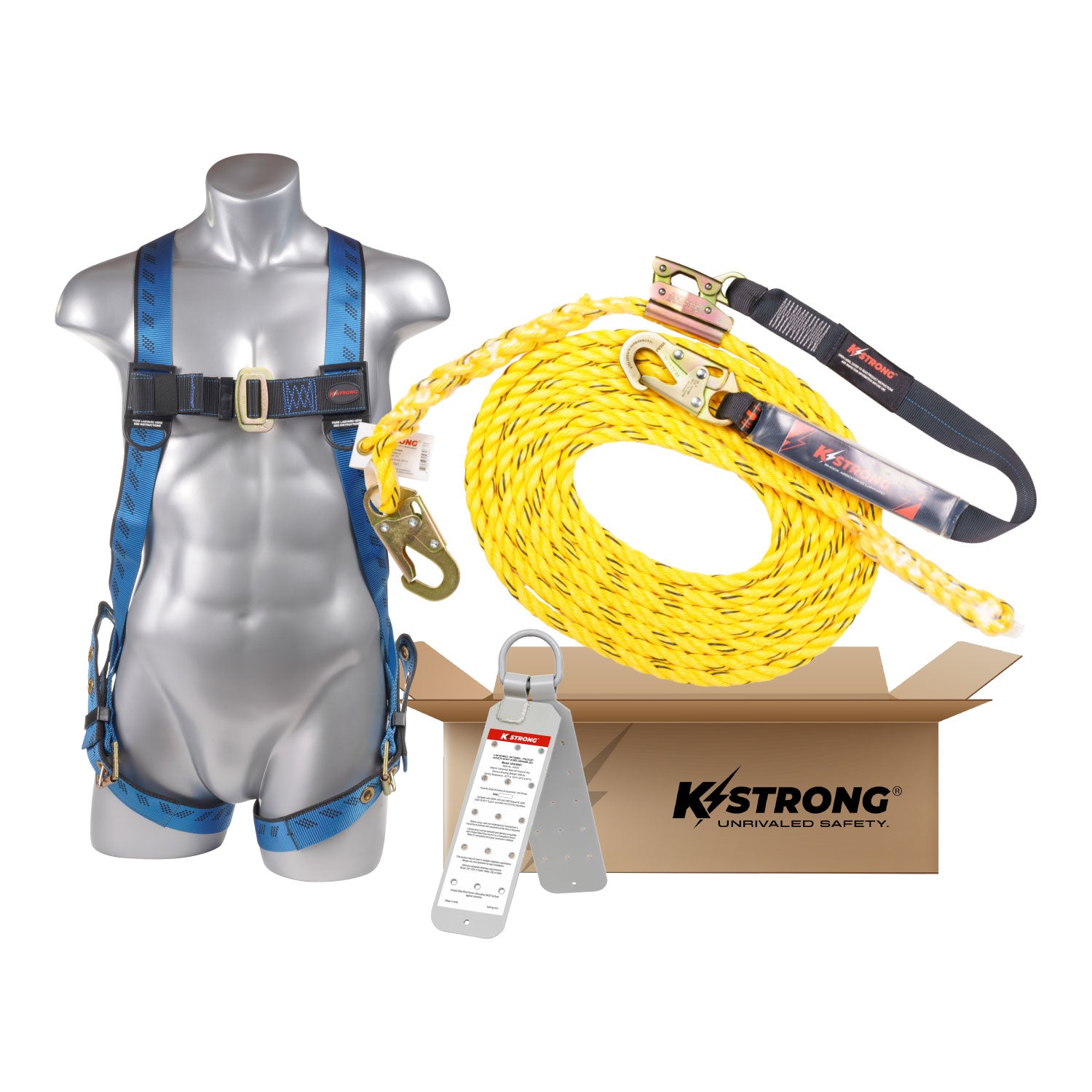 25 ft. Roofers Boxed Kit with harness, rope, rope grab assembly, and reusable roof anchor