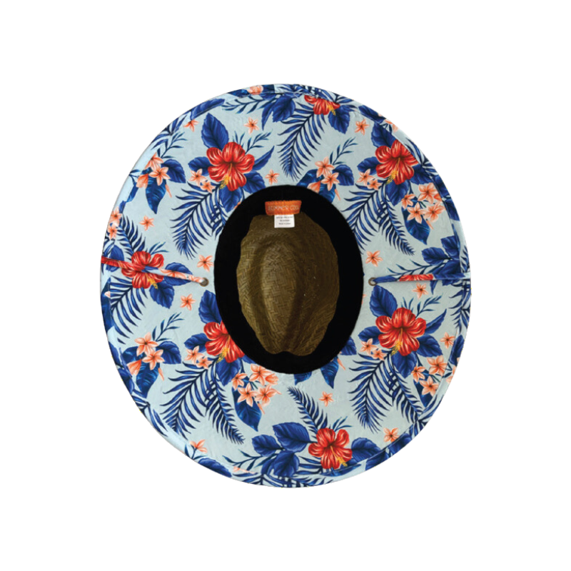 Straw Hat with Blue Hawaiian Print