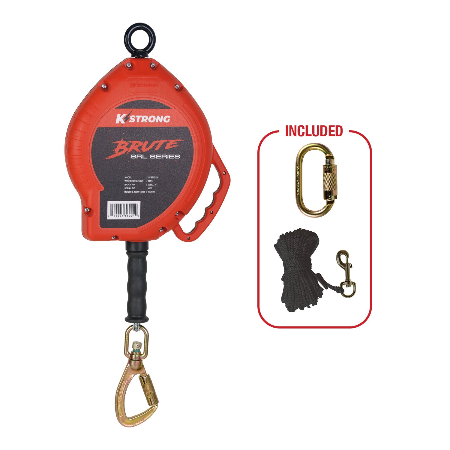 50 ft. Cable SRL with Load Indicating Swivel Locking Carabiner. Includes installation carabiner and tagline (ANSI)