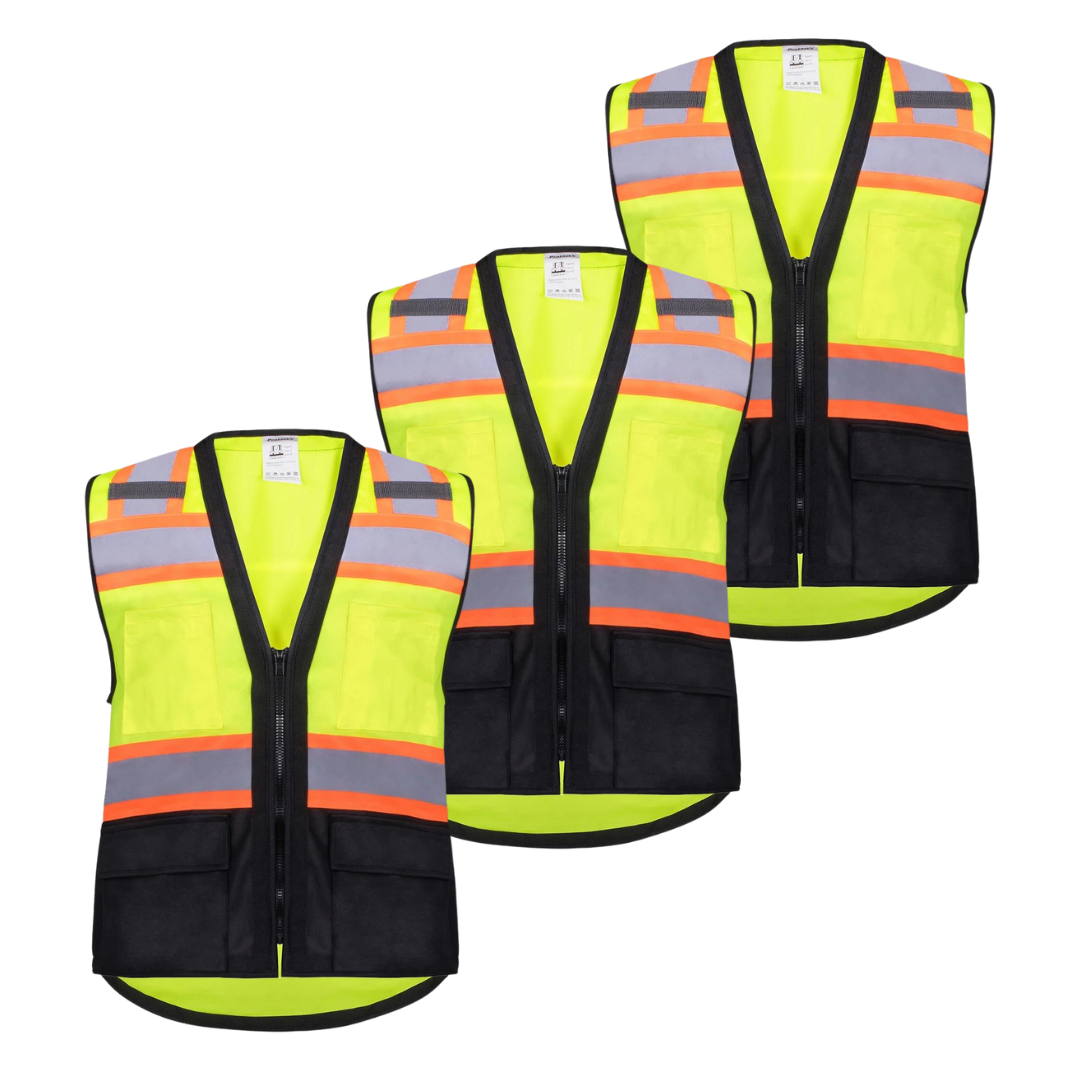 3 Pack - Class 2 Hi-Visibility All Solid Fabric With 6 Pockets