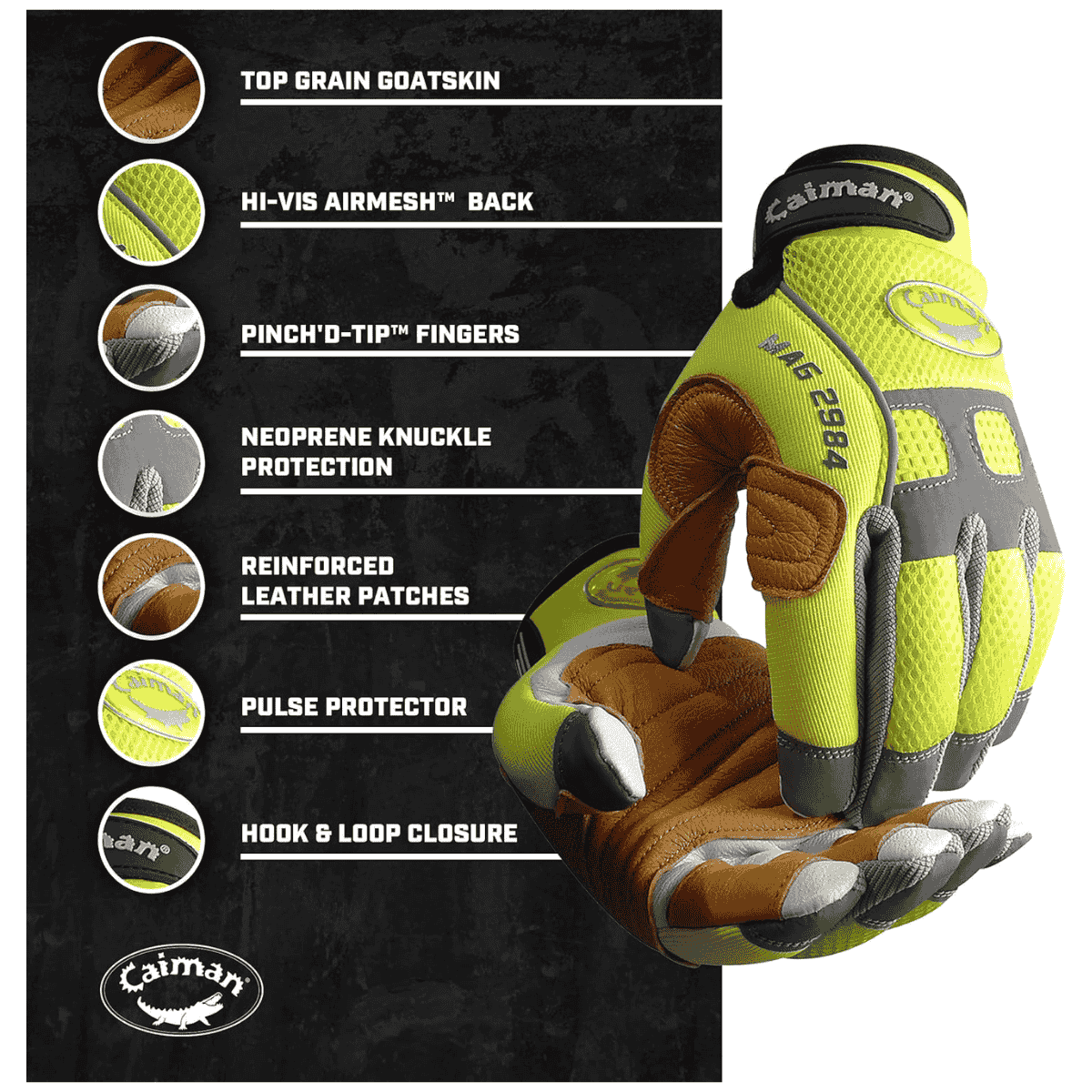 Single Pair - Caiman Mechanic Safety Gloves - Hi-Vis Goat Grain Leather Rappelling Gloves