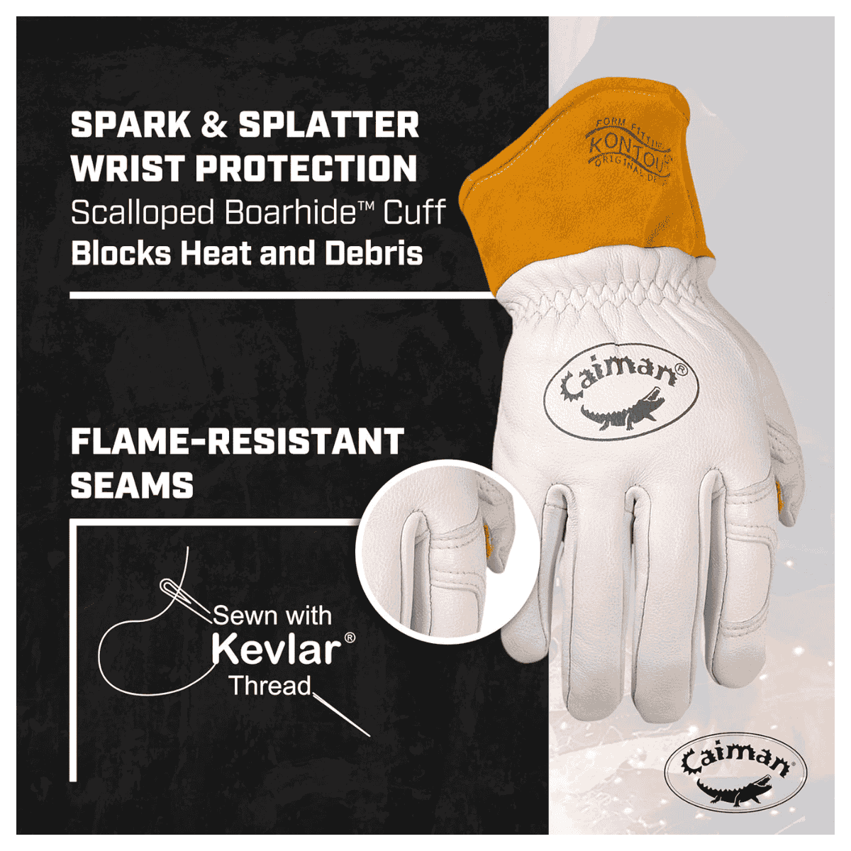 Single Pair - Caiman Premium Goat Grain TIG/MIG Welding Gloves, Wool Insulated Back, Scalloped Cuff, Boarhide Palm
