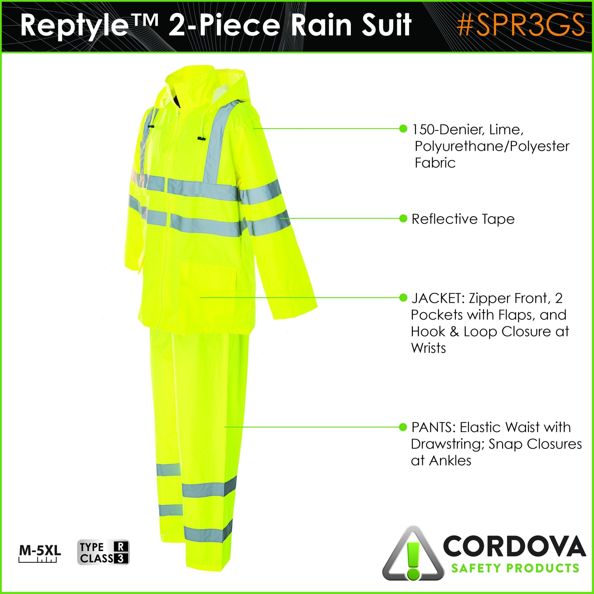 Rain Suit, Hi-Vis, 2-Piece,Class 3