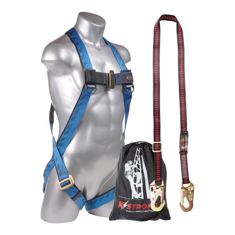 Essential 3-Point Full Body Harness, Dorsal D-Ring, MB Legs (ANSI) with KStrong® 6 ft. Adjustable Work Positioning Lanyard with snap hooks Harness